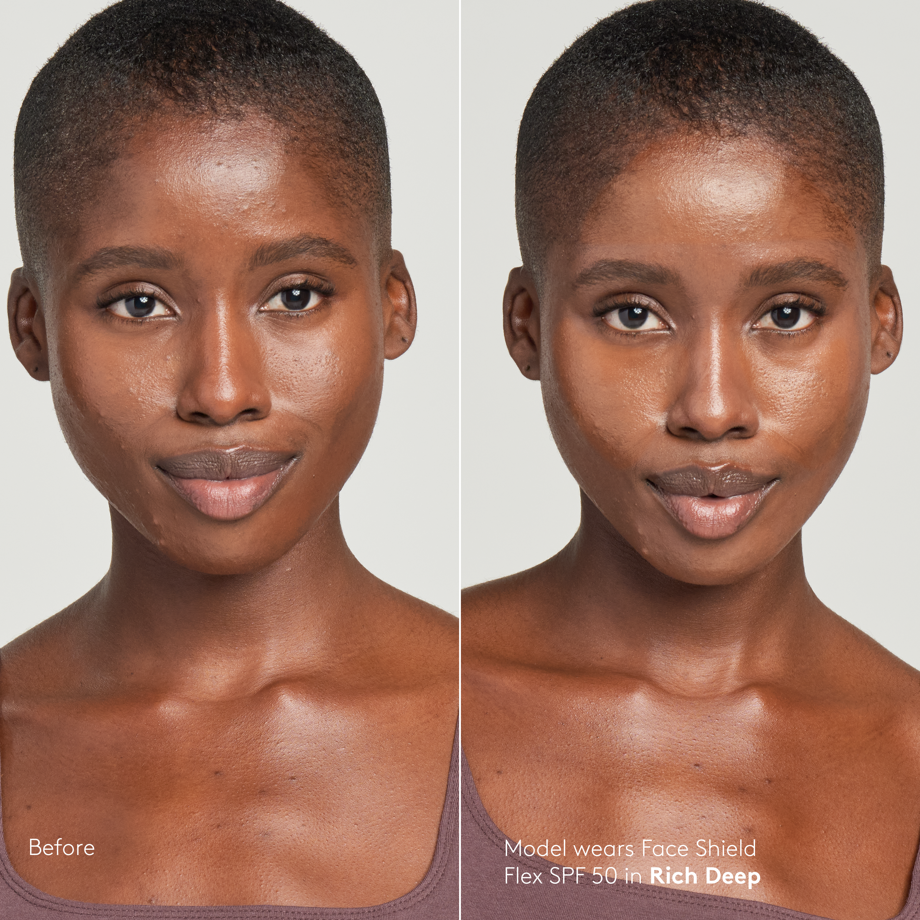 Sunforgettable® Total Protection™ Face Shield SPF 50 Flex before and after on model in Rich Deep || Rich Deep