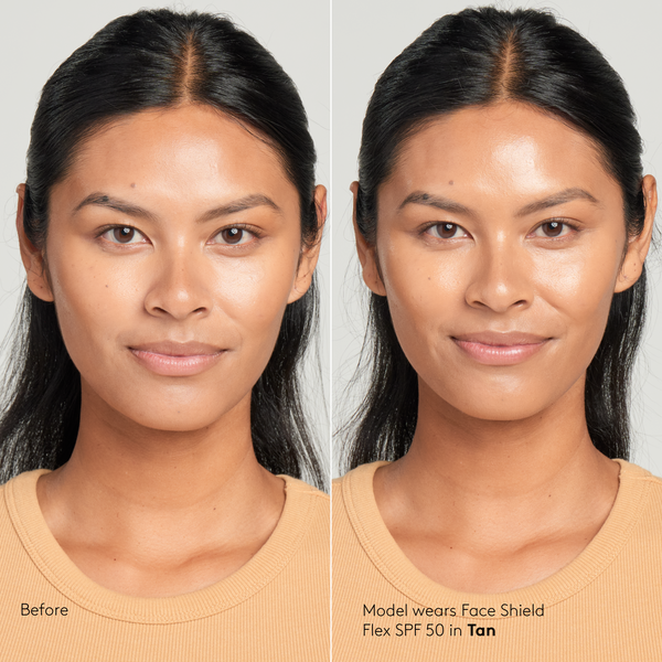 Sunforgettable® Total Protection™ Face Shield SPF 50 Flex before and after on model in Tan