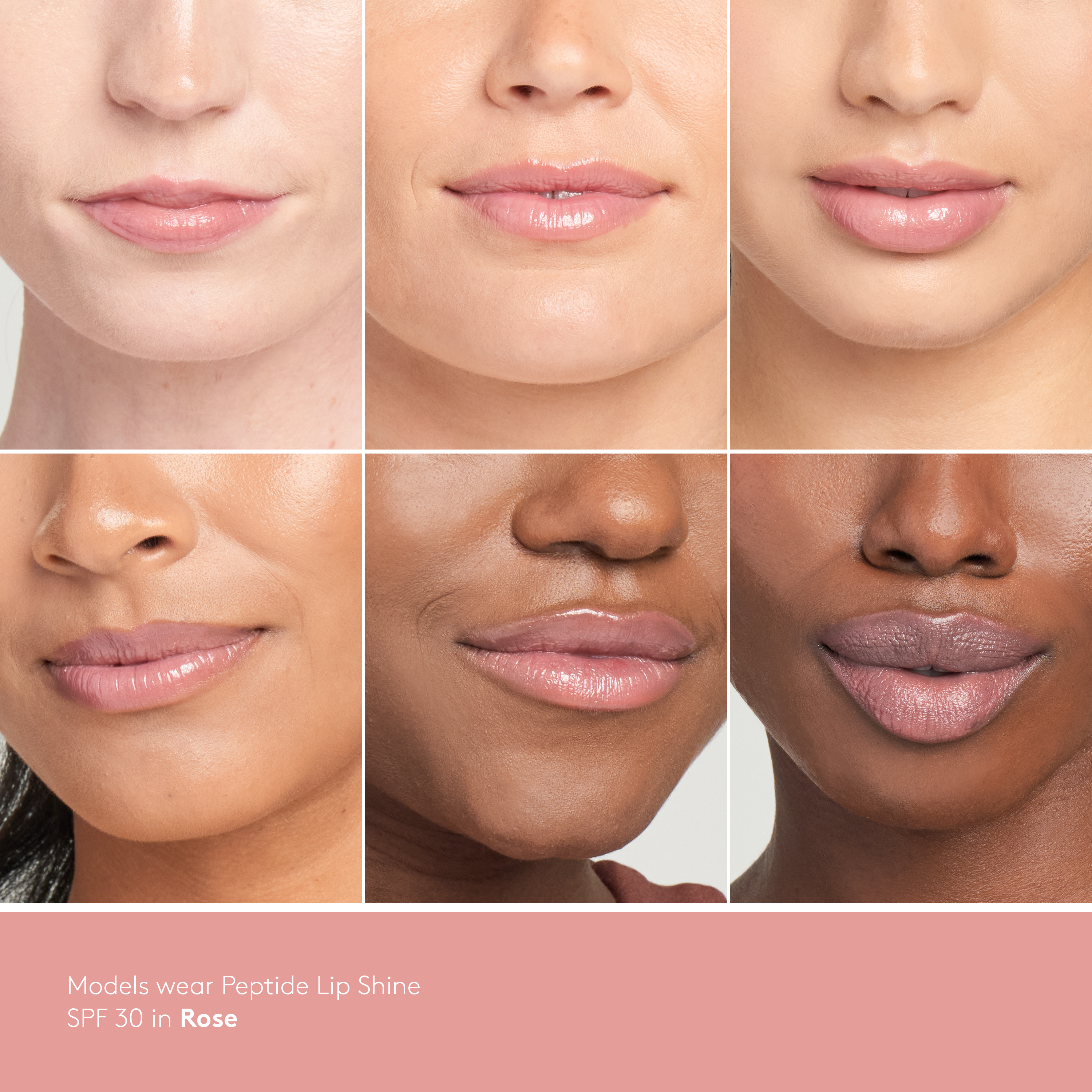 Peptide Lip Shine SPF 30 on 6 models of different skin tones || Rose
