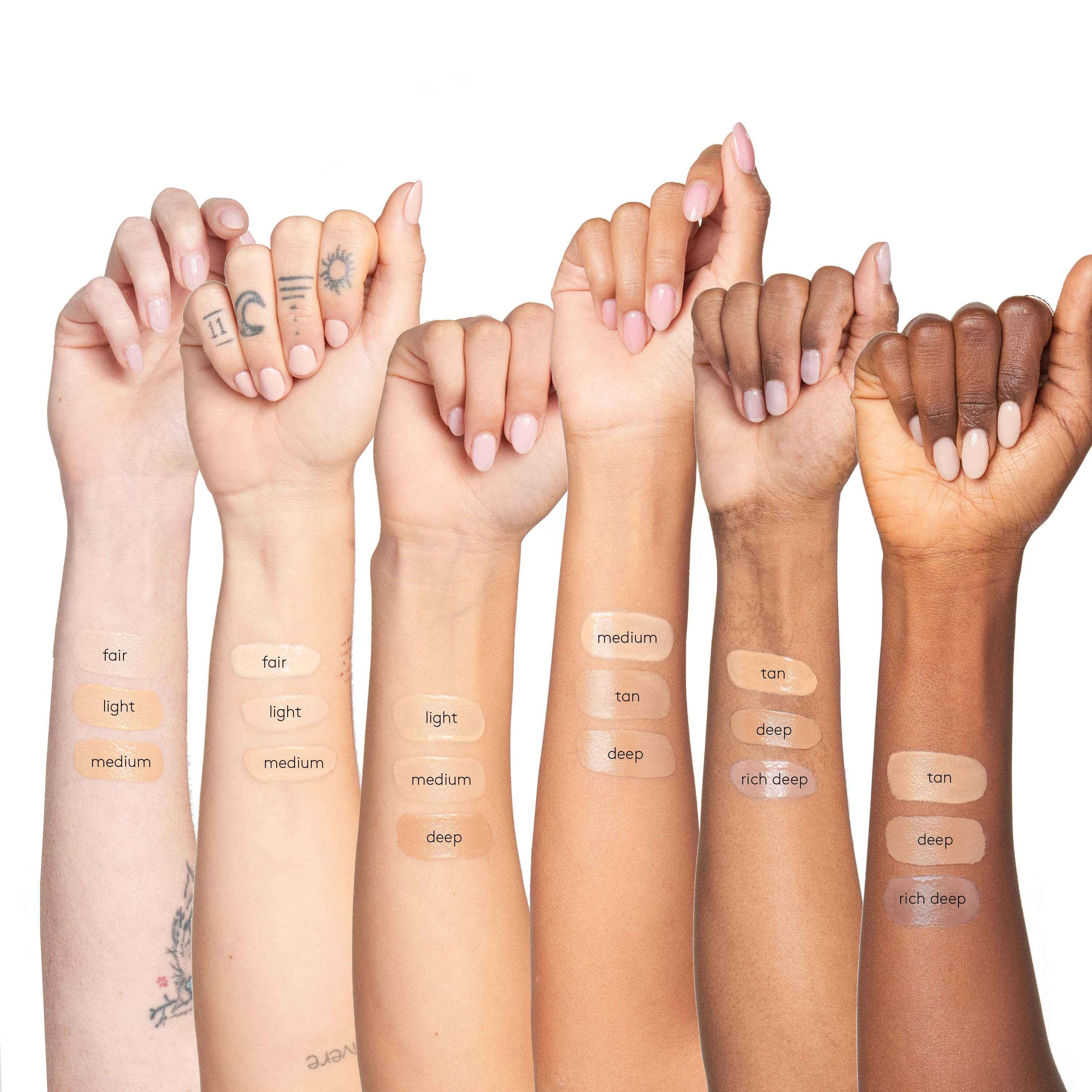 Sunforgettable® Total Protection™ Face Shield Flex SPF 50 arm swatches on fair, light, medium, tan, deep, and rich deep skin tones || all