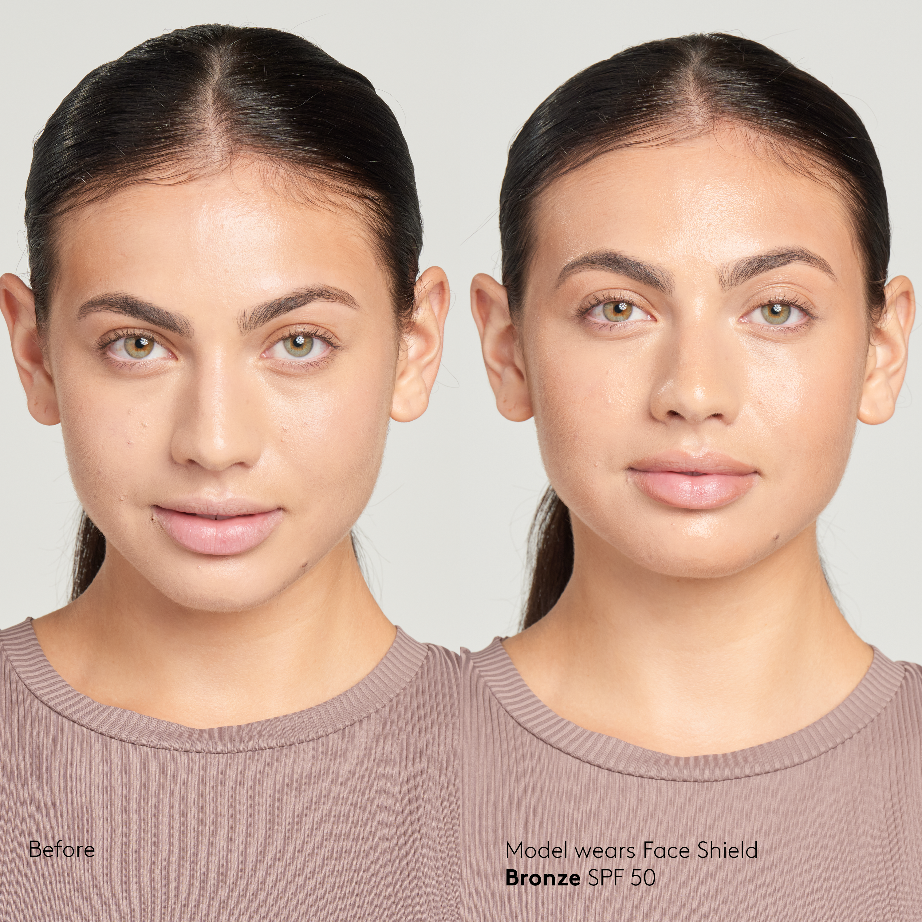 Model with medium skin tone wearing Sunforgettable® Total Protection™ Face Shield Bronze SPF 50 before and after || all