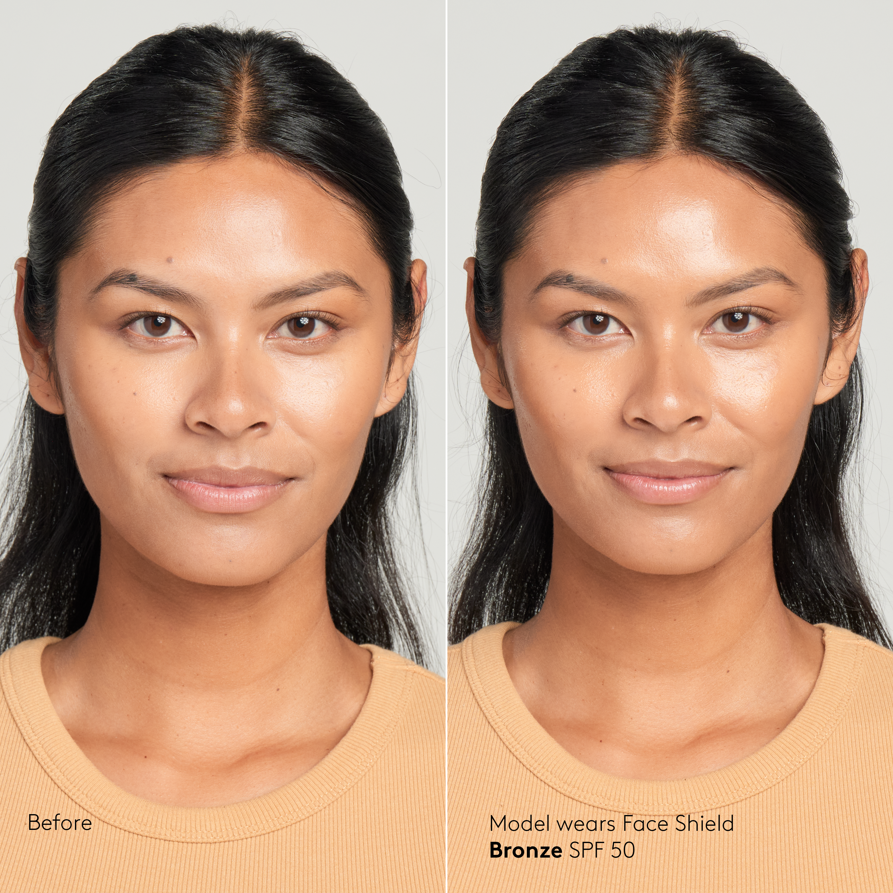 Model with tan skin tone wearing Sunforgettable® Total Protection™ Face Shield Bronze SPF 50 before and after || Bronze