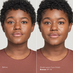Model with dark skin tone wearing Sunforgettable® Total Protection™ Face Shield Bronze SPF 50 before and after || all
