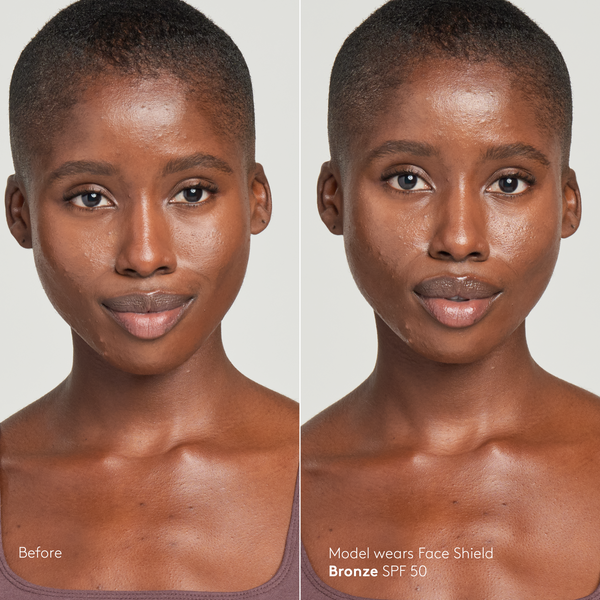 Model with deep skin tone wearing Sunforgettable® Total Protection™ Face Shield Bronze SPF 50 before and after