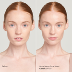 Model with fair skin tone wearing Sunforgettable® Total Protection™ Face Shield Classic SPF 50 before and after