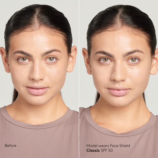Model with medium skin tone wearing Sunforgettable® Total Protection™ Face Shield Classic SPF 50 before and after