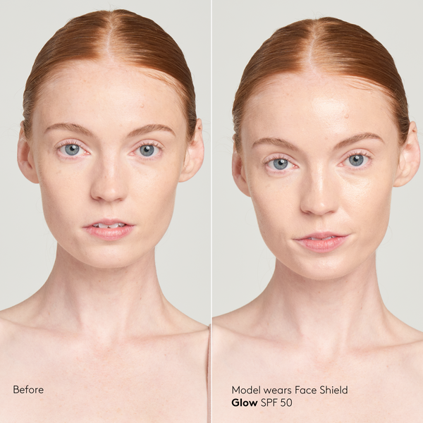 Model with fair skin tone wearing Sunforgettable® Total Protection™ Face Shield Glow SPF 50 before and after