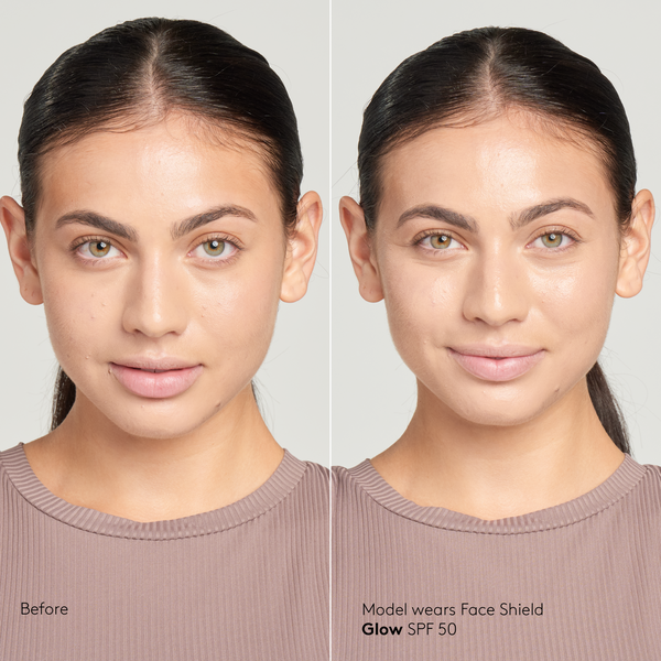 Model with medium skin tone wearing Sunforgettable® Total Protection™ Face Shield Glow SPF 50 before and after
