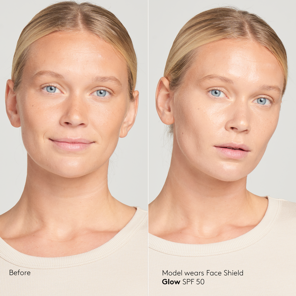 Model with light skin tone wearing Sunforgettable® Total Protection™ Face Shield Glow SPF 50 before and after