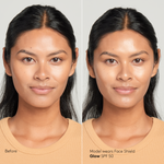 Model with tan skin tone wearing Sunforgettable® Total Protection™ Face Shield Glow SPF 50 before and after || all