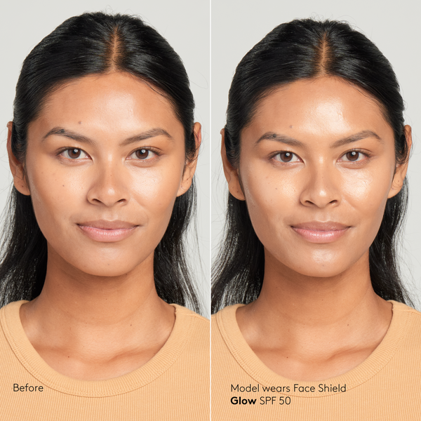 Model with tan skin tone wearing Sunforgettable® Total Protection™ Face Shield Glow SPF 50 before and after