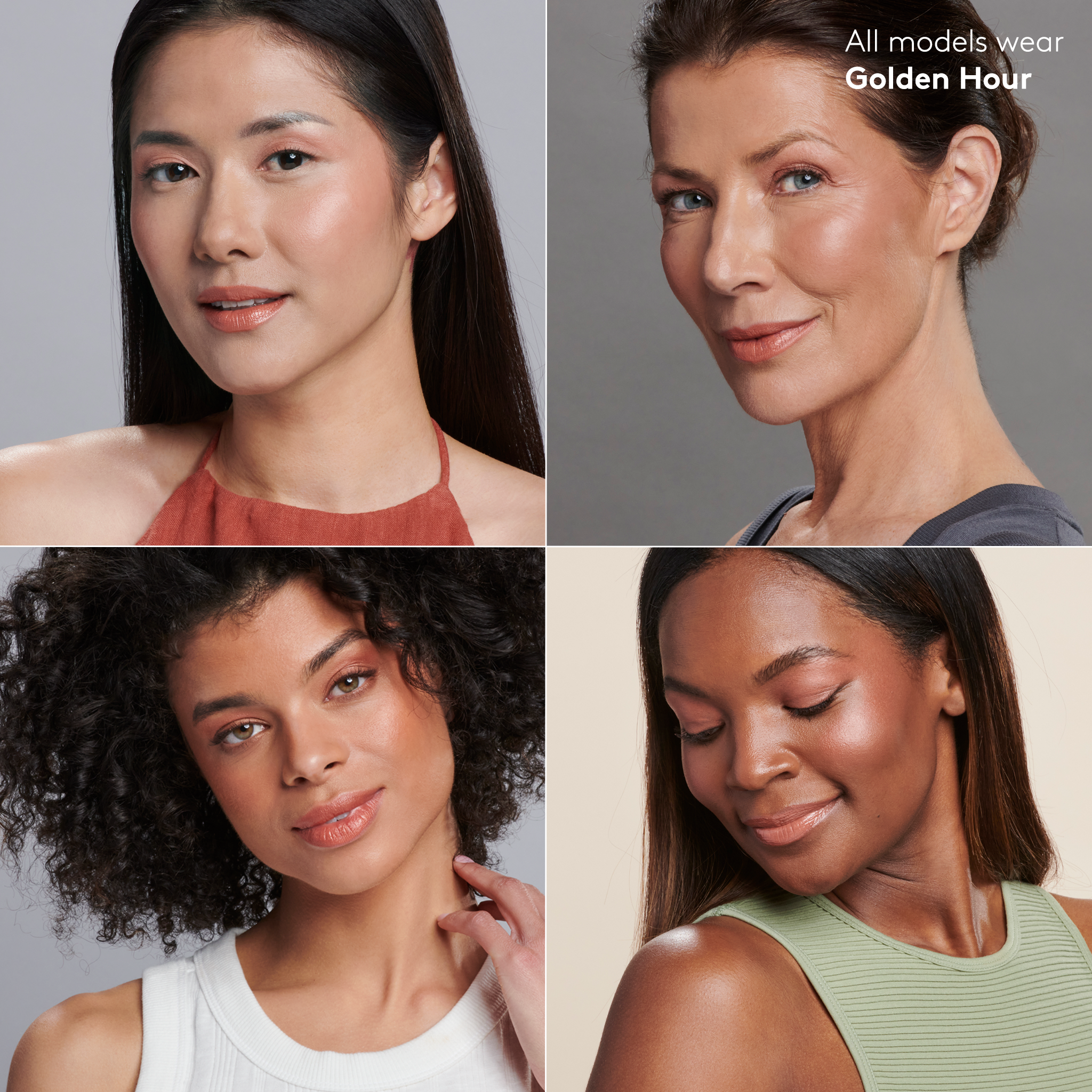 4 models of fair, medium, tan and deep skin tone wearing Golden Hour shade of the Sunforgettable® Total Protection™ Color Balm SPF 50 Endless Sunset Collection || Golden Hour