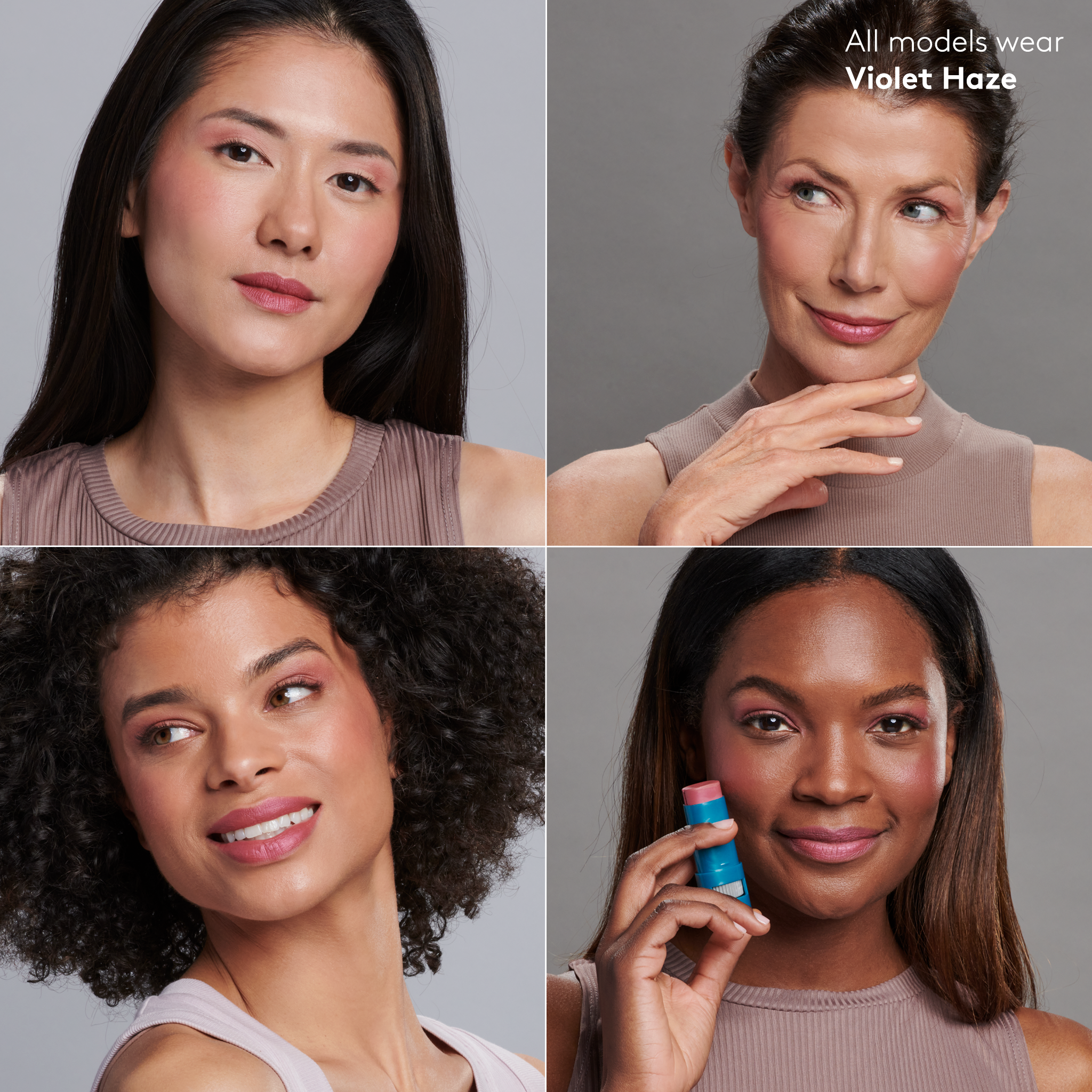 4 models of fair, medium, tan and deep skin tone wearing Violet Haze shade of the Sunforgettable® Total Protection™ Color Balm SPF 50 Endless Sunset Collection || Violet Haze