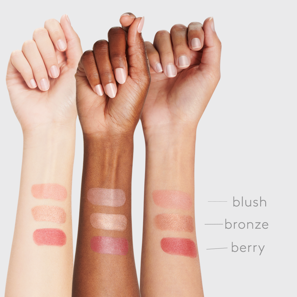 three women arms  of Fair Medium and Deep skin tone with each shade of Sunforgettable® Total Protection™ Color Balms SPF 50 - Berrry, Bronze and Blush || all