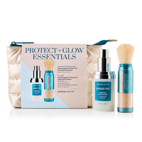 Protect & Glow Essentials Holiday Kit, featuring a limited-edition travel mini Colorescience® Barrier Pro™ Essential Moisturizer & Best-selling Total Protection® Brush-On Shield SPF 50 Glow with patented EnviroScreen® 5-Point Protection.  Includes a FREE puffy pouch.