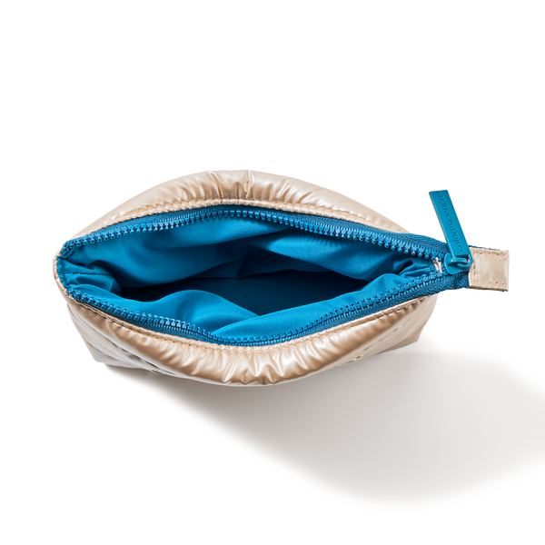 Open image of the puffy pouch with Colorescience®  teal top zipper.