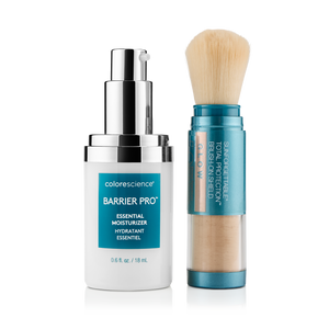 Protect & Glow Essentials Holiday Kit, featuring a limited-edition travel mini Colorescience® Barrier Pro™ Essential Moisturizer & Best-selling Total Protection® Brush-On Shield SPF 50 Glow with patented EnviroScreen® 5-Point Protection.  Includes a FREE puffy pouch.