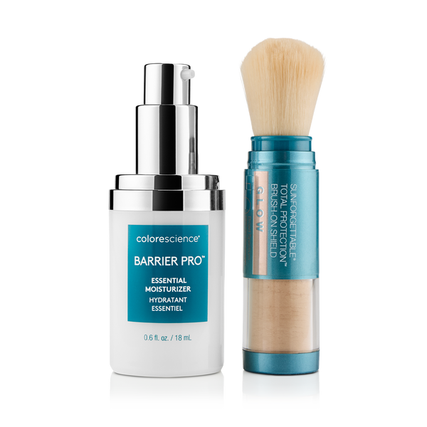 Protect & Glow Essentials Holiday Kit, featuring a limited-edition travel mini Colorescience® Barrier Pro™ Essential Moisturizer & Best-selling Total Protection® Brush-On Shield SPF 50 Glow with patented EnviroScreen® 5-Point Protection.