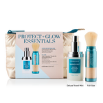 Protect & Glow Essentials Holiday Kit, featuring a limited-edition travel mini Colorescience® Barrier Pro™ Essential Moisturizer & Best-selling Total Protection® Brush-On Shield SPF 50 Glow with patented EnviroScreen® 5-Point Protection.  Includes a FREE puffy pouch.