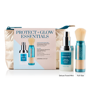 Protect & Glow Essentials Holiday Kit, featuring a limited-edition travel mini Colorescience® Barrier Pro™ Essential Moisturizer & Best-selling Total Protection® Brush-On Shield SPF 50 Glow with patented EnviroScreen® 5-Point Protection.  Includes a FREE puffy pouch.