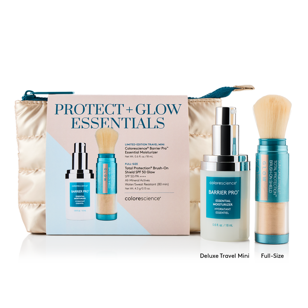 Protect & Glow Essentials Holiday Kit, featuring a limited-edition travel mini Colorescience® Barrier Pro™ Essential Moisturizer & Best-selling Total Protection® Brush-On Shield SPF 50 Glow with patented EnviroScreen® 5-Point Protection.  Includes a FREE puffy pouch.