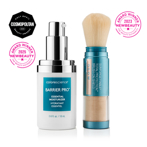 Protect & Glow Essentials Holiday Kit, featuring a limited-edition travel mini Colorescience® Barrier Pro™ Essential Moisturizer & Best-selling Total Protection® Brush-On Shield SPF 50 Glow with patented EnviroScreen® 5-Point Protection.  Includes a FREE puffy pouch.