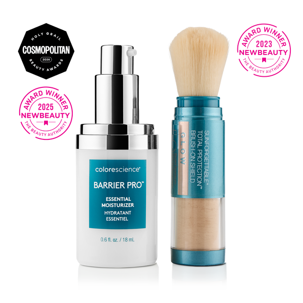 Protect & Glow Essentials Holiday Kit, featuring a limited-edition travel mini Colorescience® Barrier Pro™ Essential Moisturizer & Best-selling Total Protection® Brush-On Shield SPF 50 Glow with patented EnviroScreen® 5-Point Protection.