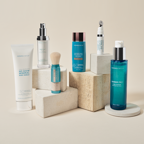 Shoppable Image featuring Total Protection® No-Show™ Body Shield SPF 50, Total Eye® 3-in-1 Renewal Therapy SPF 35, Barrier Pro™ 1-Step Cleanser, Sunforgettable Total Protection Face Shield, Pep Up® Collagen Boost Face & Neck Serum, Sunforgettable® Total Protection® Brush-On Shield Glow SPF 50,  and Sunforgettable® Total Protection® Face Shield Flex SPF 50