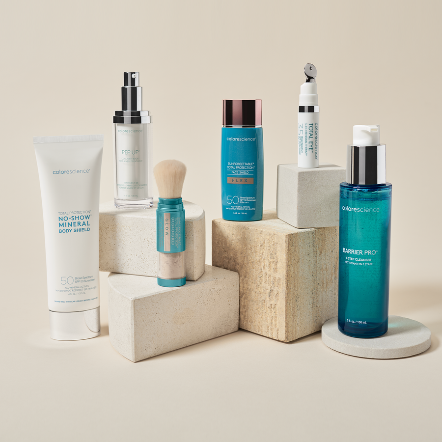 Shoppable Image featuring Total Protection® No-Show™ Body Shield SPF 50, Total Eye® 3-in-1 Renewal Therapy SPF 35, Barrier Pro™ 1-Step Cleanser, Sunforgettable Total Protection Face Shield, Pep Up® Collagen Boost Face & Neck Serum, Sunforgettable® Total Protection® Brush-On Shield Glow SPF 50,  and Sunforgettable® Total Protection® Face Shield Flex SPF 50