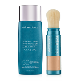 Standing products of Total Protection Face Shield Classic SPF 50 and Sunforgettable® Total Protection® Brush-On Shield on white background | all