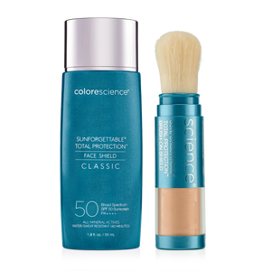 Standing products of Total Protection Face Shield Classic SPF 50 and Sunforgettable® Total Protection® Brush-On Shield on white background | all
