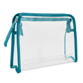 A clear plastic zippered pouch with teal blue trim and zipper pulls, featuring a subtle 'colorescience' brand logo printed on the front, set against a plain white background.