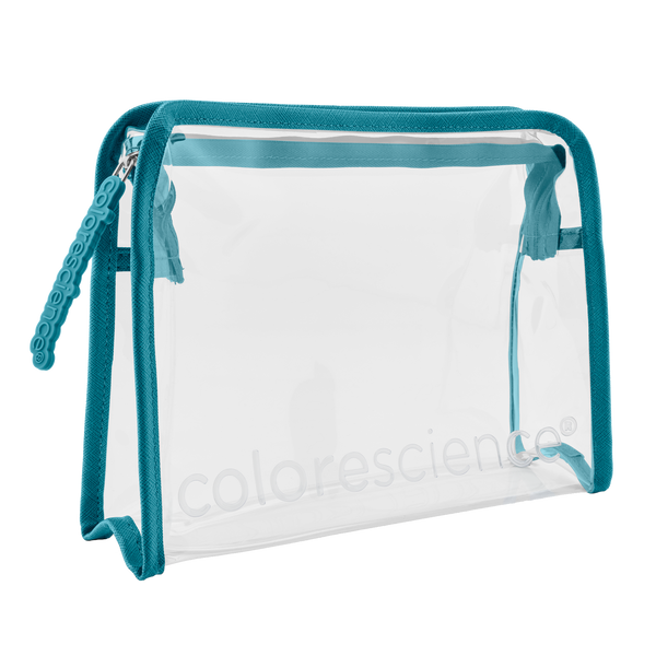A clear plastic zippered pouch with teal blue trim and zipper pulls, featuring a subtle 'colorescience' brand logo printed on the front, set against a plain white background.
