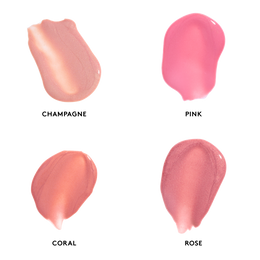 Lip Shine SPF 35 swatches left to right: Champagne, Pink, Coral, Rose