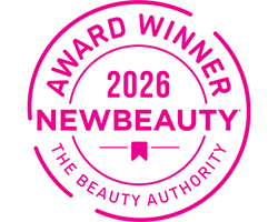 Pink 'Award Winner 2026 NewBeauty' logo on a white background