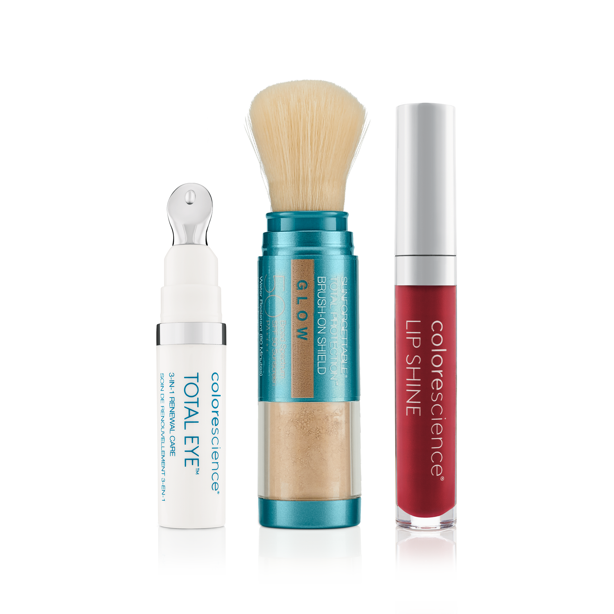 Total Eye 3-in-1 Renewal Therapy SPF 35, Sunforgettable Total Protection Brush-On Shield Glow SPF 50, Lip Shine SPF 35 Scarlet || all