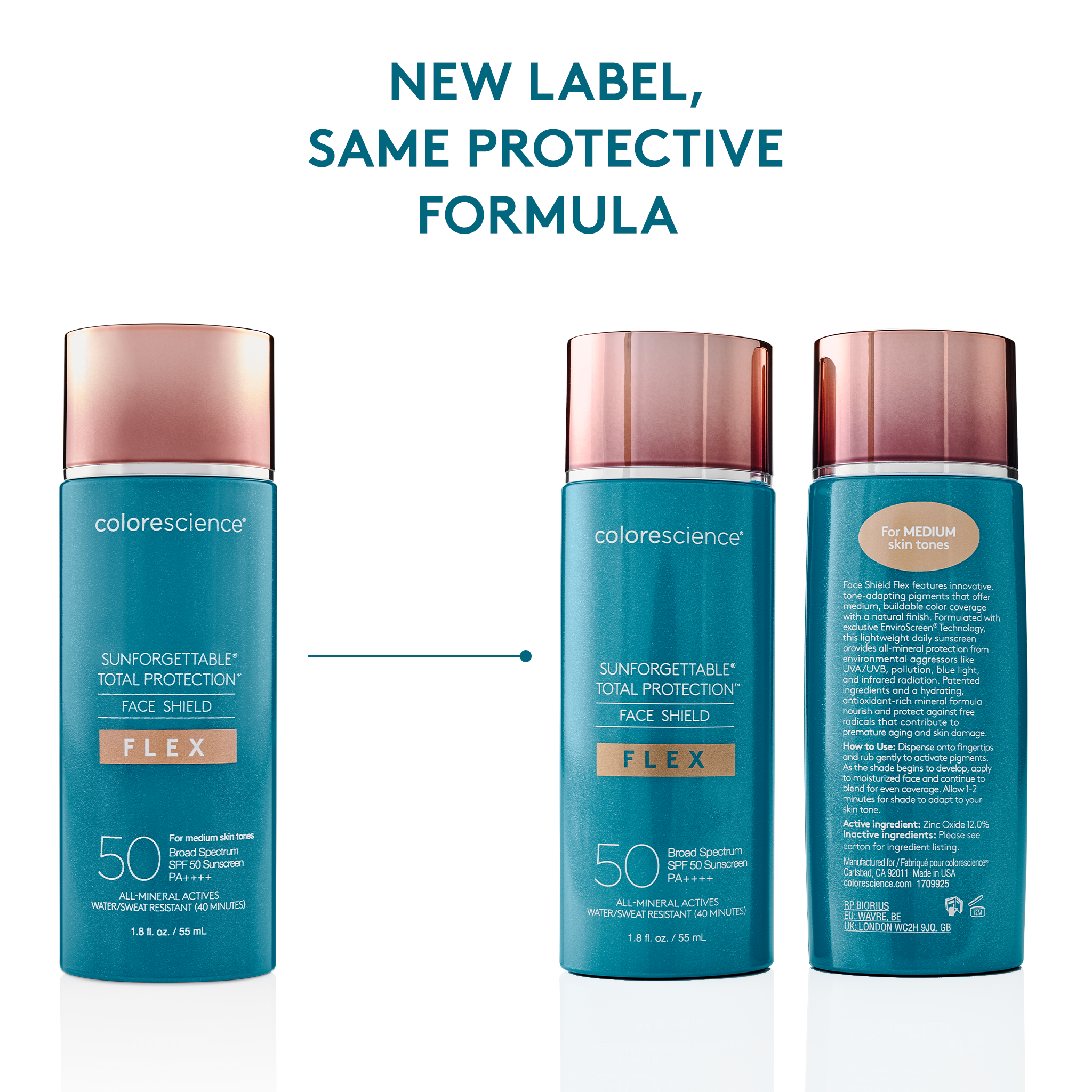 new label, same protective formula Sunforgettable® Total Protection™ Face Shield Flex SPF 50 || all
