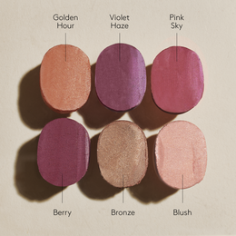 top left to right: golden hour, violet haze, pink sky bottom left to right: berry, bronze, blush