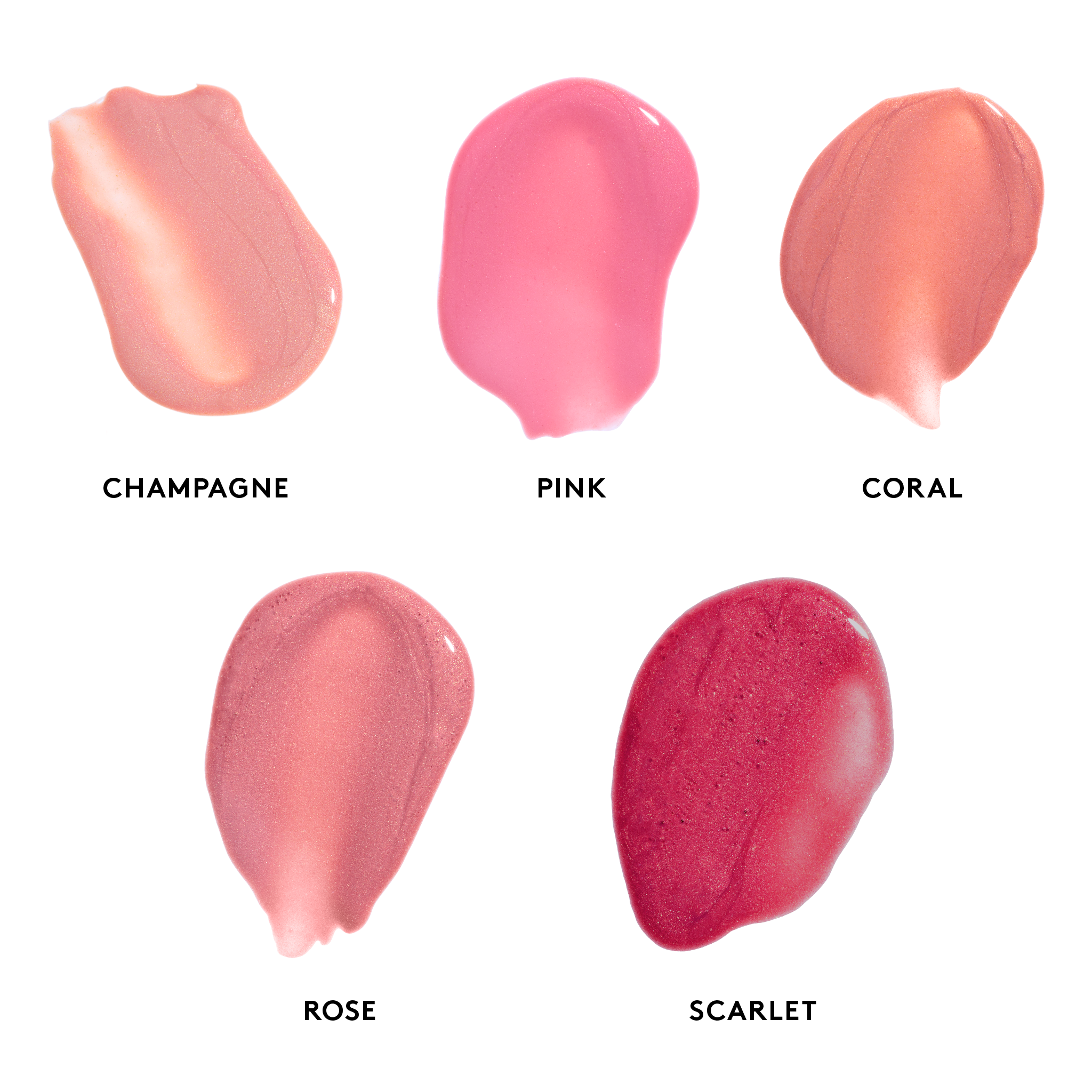 Lip Shine SPF 35 swatches left to right: Champagne, Pink, Coral, Rose, Scarlet || all