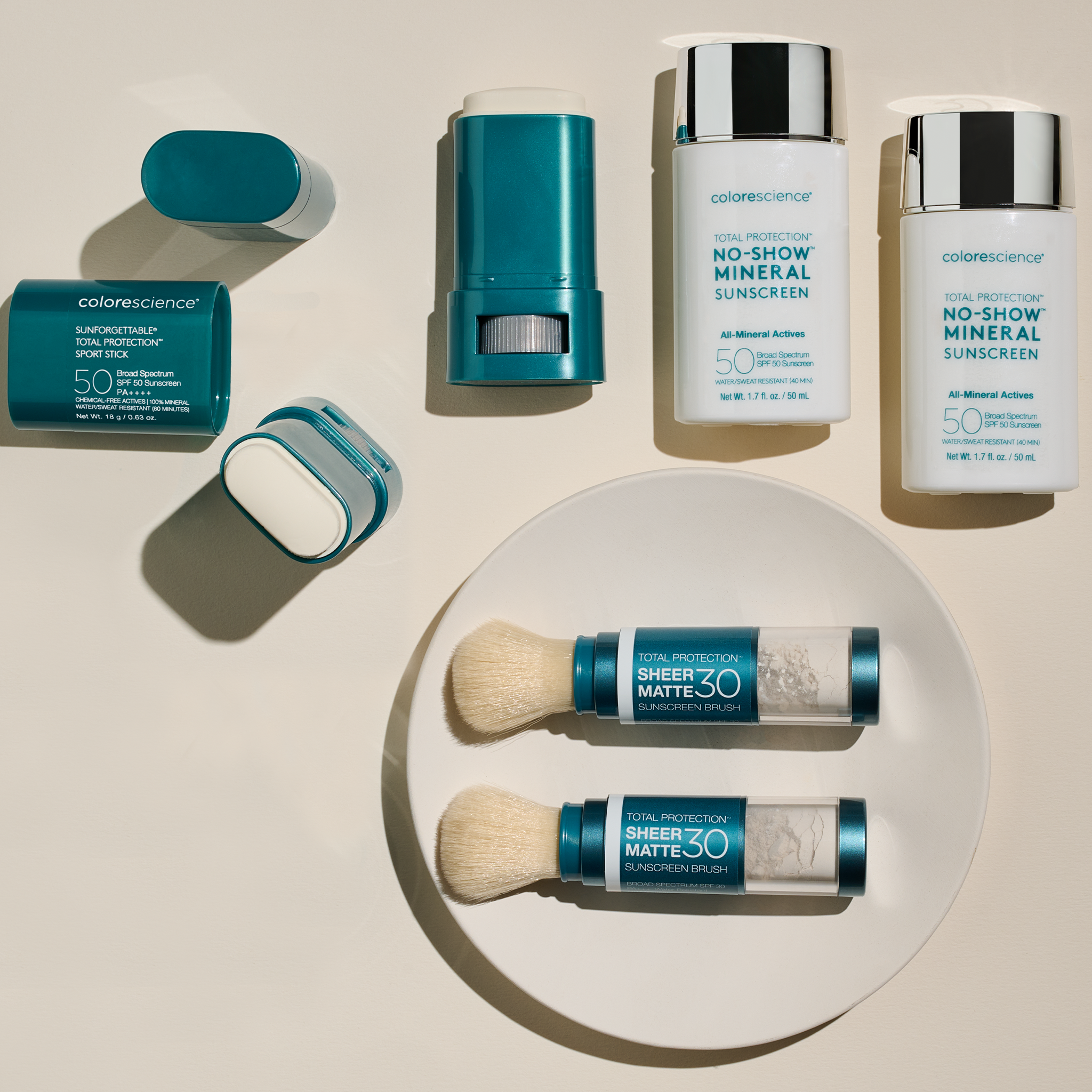 Untinted Total Protection™ Trio: Total Protection™ No-Show™ Mineral Sunscreen SPF 50, Sunforgettable® Total Protection™ Sheer Matte SPF 30 Sunscreen Brush, Sunforgettable® Total Protection™ Sport Stick SPF 50 || all