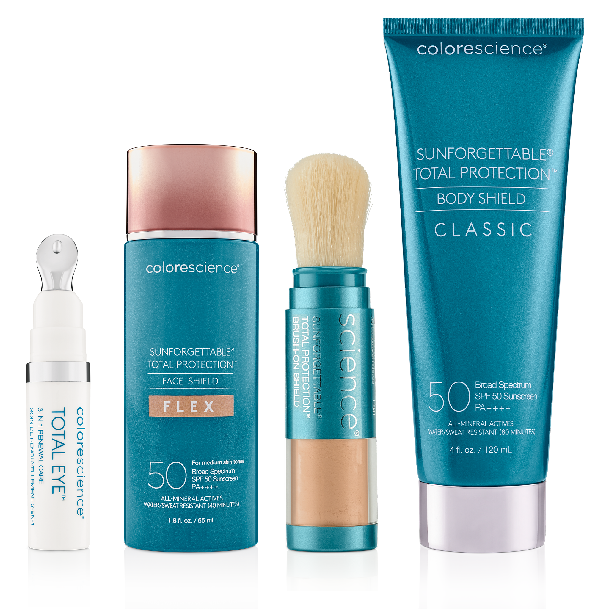 Sun Season Essentials: Total Eye® 3-In-1 Renewal Therapy SPF 35, Sunforgettable® Total Protection™ Face Shield Flex SPF 50, Sunforgettable® Total Protection™ Brush-On Shield SPF 50, Sunforgettable® Total Protection™ Body Shield Classic SPF 50 || all
