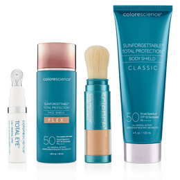 Sun Season Essentials: Total Eye® 3-In-1 Renewal Therapy SPF 35, Sunforgettable® Total Protection™ Face Shield Flex SPF 50, Sunforgettable® Total Protection™ Brush-On Shield SPF 50, Sunforgettable® Total Protection™ Body Shield Classic SPF 50