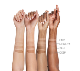 Four forearms of female models of Fair, Medium, Tan and Deep skintone with Face Shield Flex swatches of each four shades