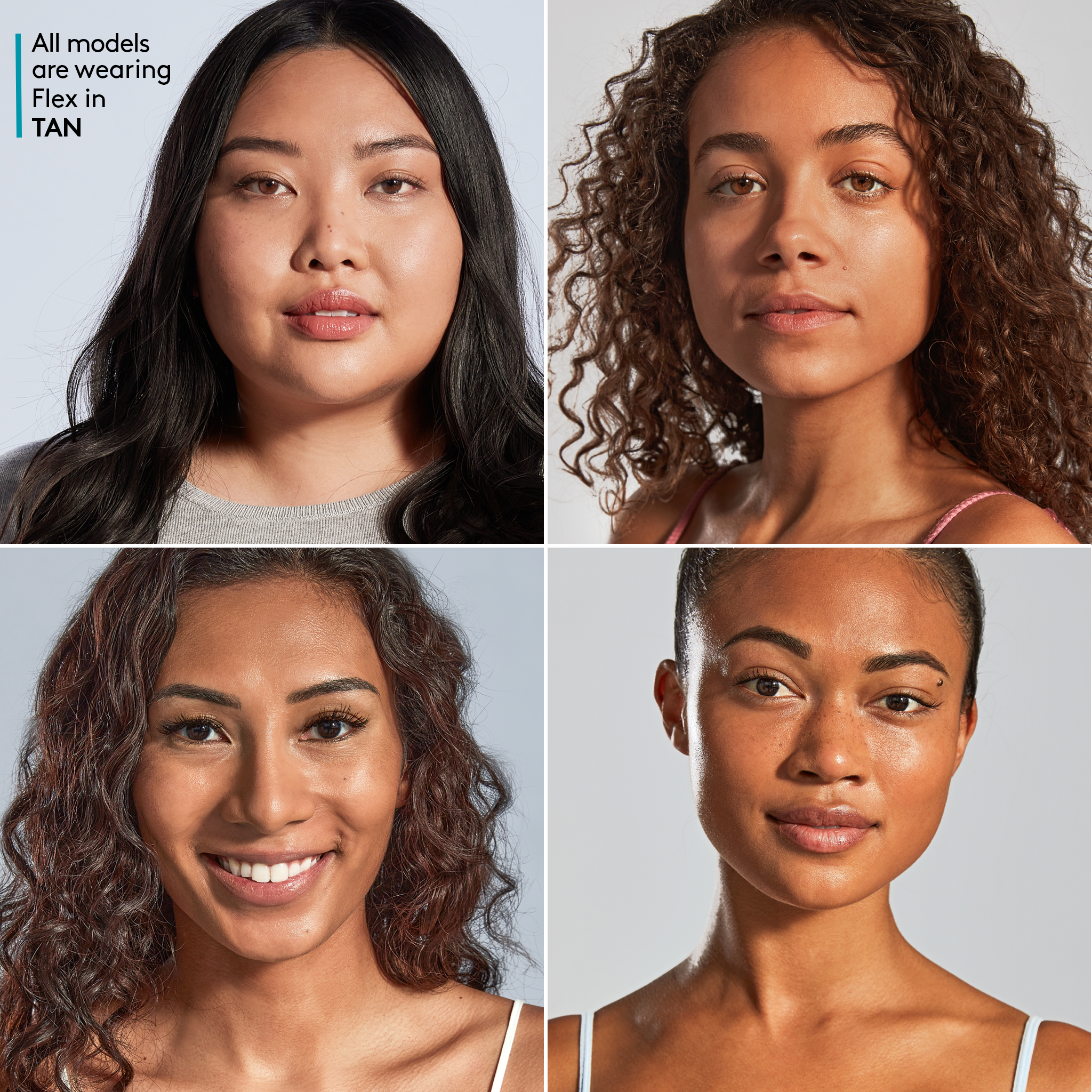 four female models wearing Face Shield SPF 50 Flex in Tan Shade || all
