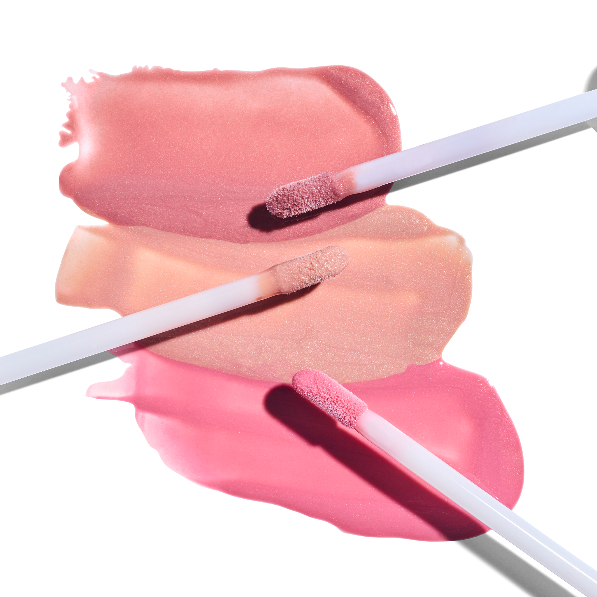 Lip Shine SPF 35 Rose, Champagne, Pink swatches with applicator || all