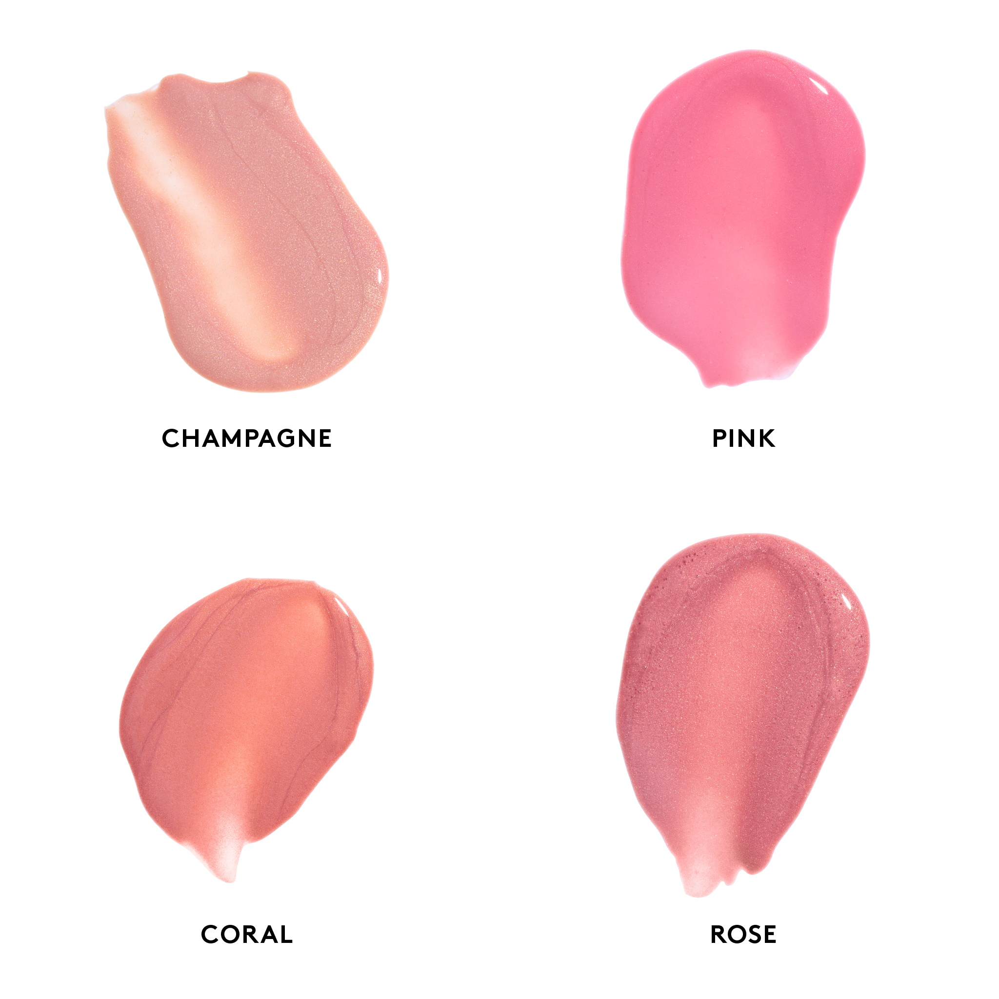 Lip Shine SPF 35 swatches left to right: Champagne, Pink, Coral, Rose || all