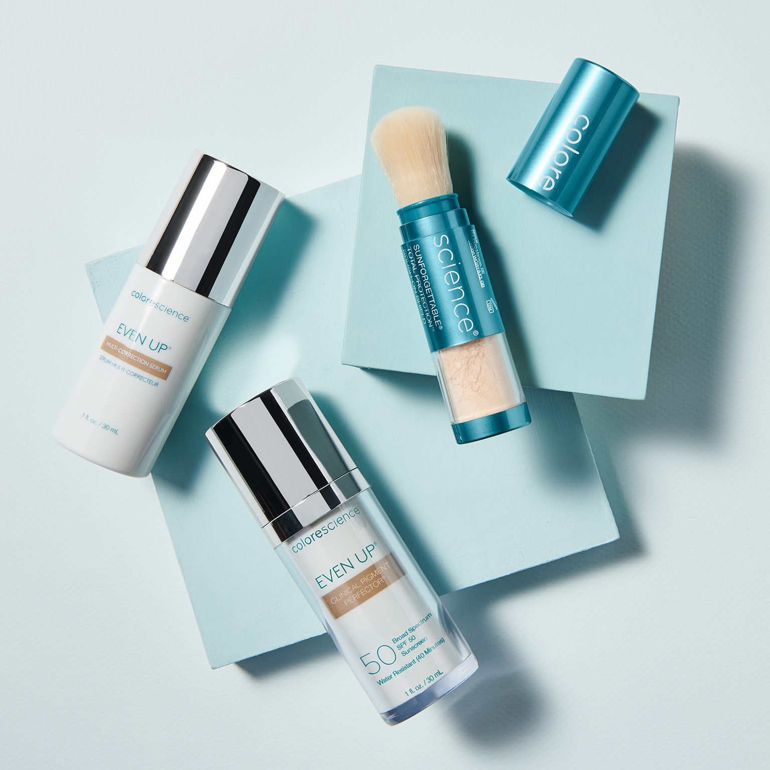 Even Up® Hyperpigmentation Regimen: Multi-Correction Serum, Clinical Pigment Perfector SPF 50, Sunforgettable® Total Protection™ Brush-On Shield SPF 50 || all