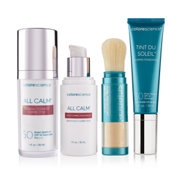 Sensitivity Relief + Protection: All Calm Clinical Redness Corrector, All Calm Multi-Correction Serum, Brush-On Shield SPF 50, Tint du Soleil Whipped Mineral Foundation SPF 30