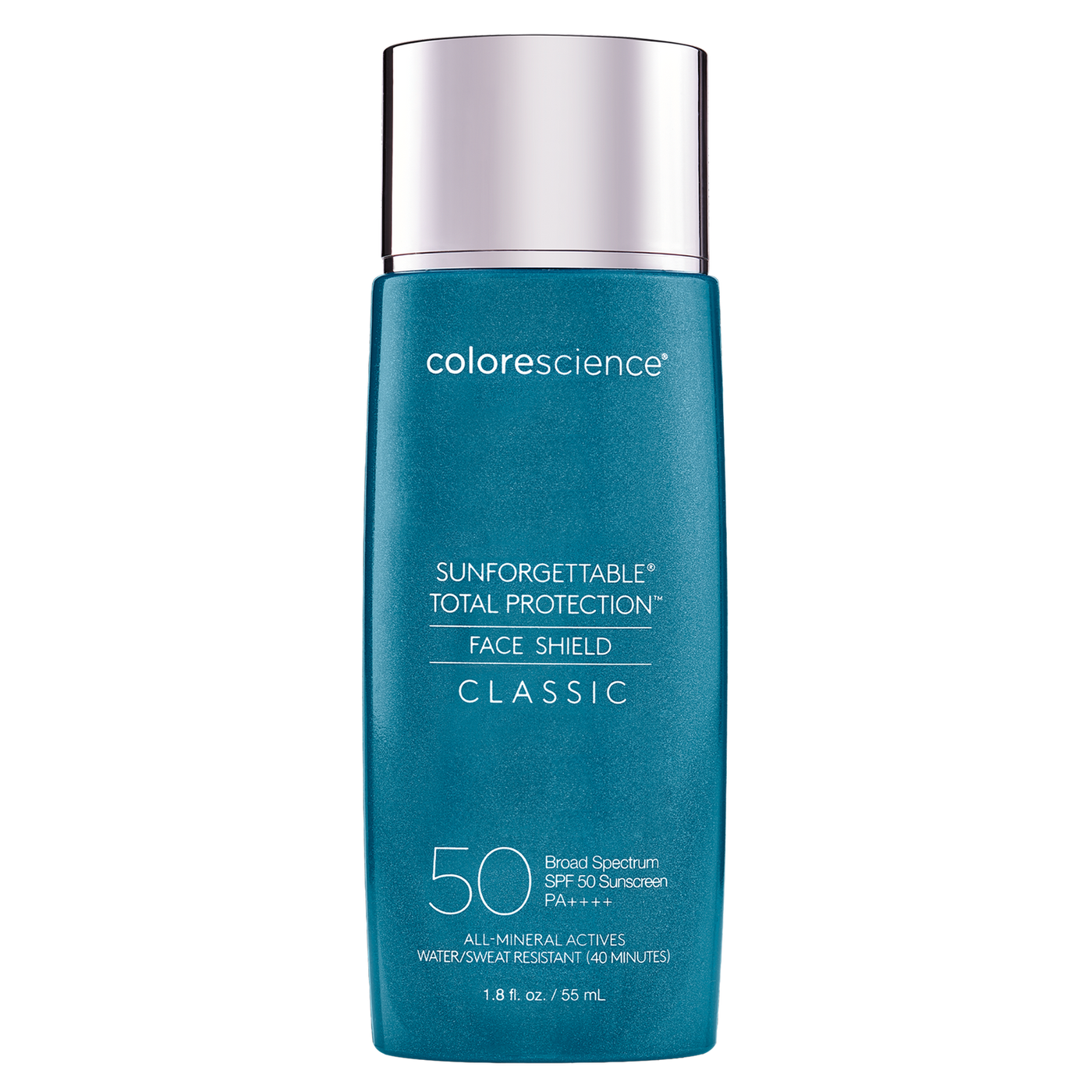 Colorescience Sunforgettable Face Shield Classic SPF 50 mineral blue light sunscreen in bottle, universal sheer fluid.